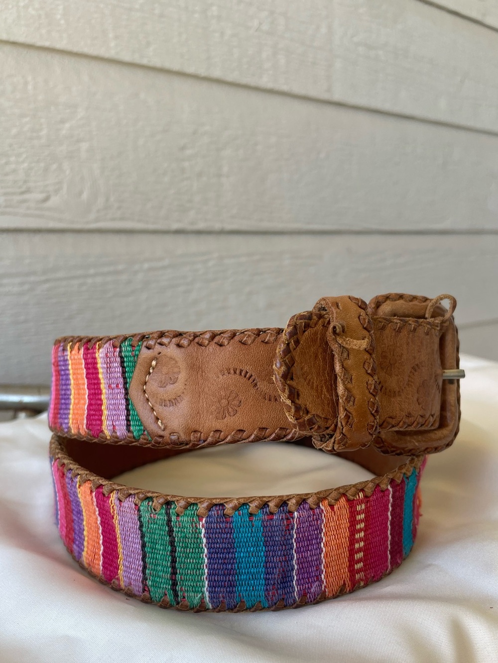 Vintage 1972 Guatemala Handwoven 100% Leather Belt with Embroidered Design